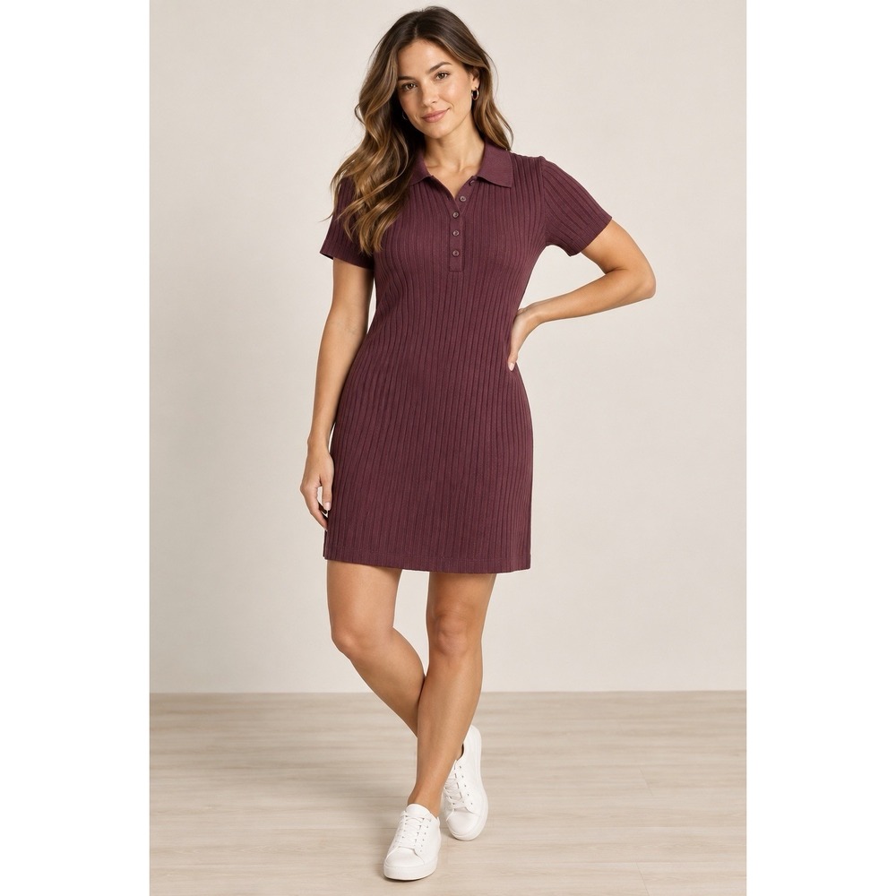 H&M Rib Knit Polo Dress Womens M Burgundy Collared Short Sleeve Mini